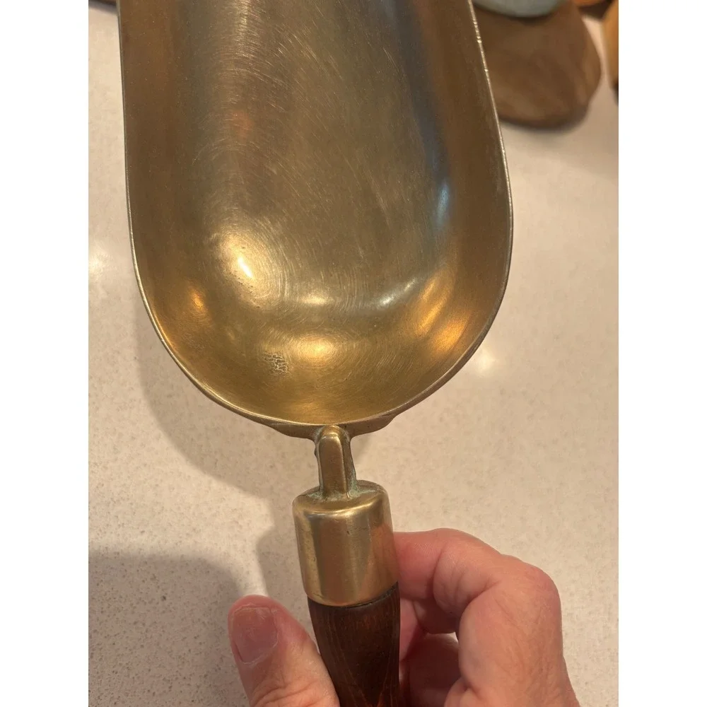Vintage Brass Flour Grain Scoop Dark Wood Handle Hanging Ring Farmhouse Decor